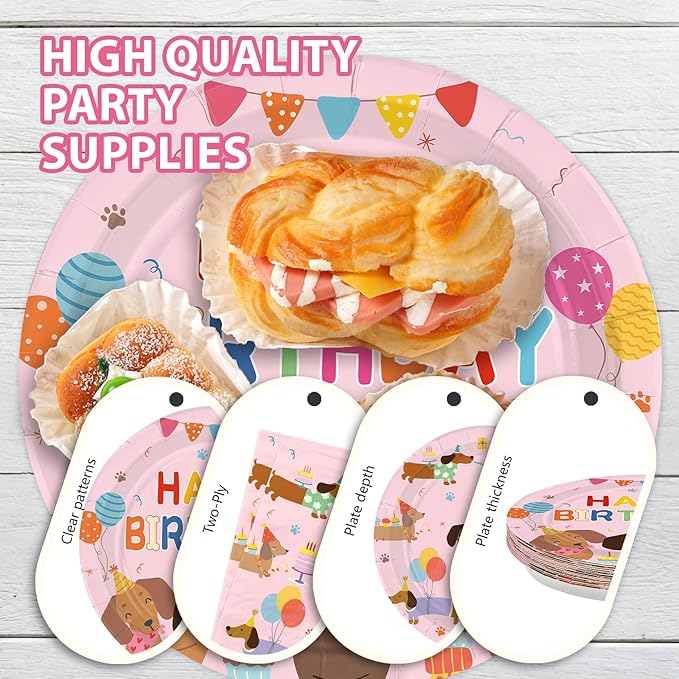 96Pcs Dachshund Dog Birthday Party Decoration Pink Wiener Dog Puppy Plates and Napkins Cartoon Puppy Pet Themed Disposable Paper Tableware Set for Kids Birthday Party Supplies Serves 24