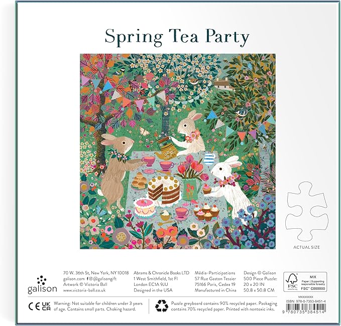 Galison Spring Tea Party – 500 Piece Foil Jigsaw Puzzle Featuring Beautiful Artwork of Rabbits Enjoying A Tea Party