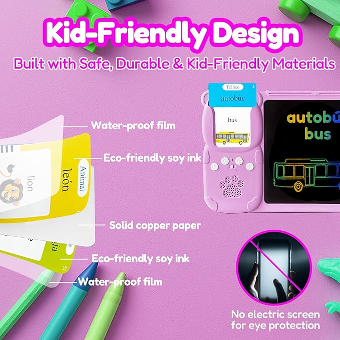 Drawing Tablet with Bilingual Flashcards for Kids - Spanish English Talking Flash Cards, LCD Writing Pad Board, Pocket Speech for Toddlers, Learning Toy Gift for Boys Girls (Spanish, Pink)
