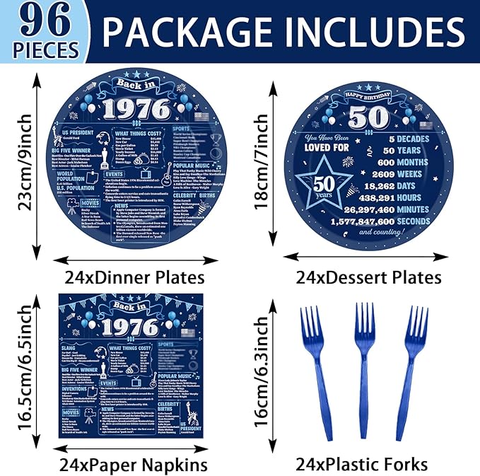 96Pcs 50th Birthday Party Paper Plates and Napkins 50th Birthday Supplies for Men and Women Disposable Dessert Plates Back in 1976 Blue Silver Tableware 1976 Birthday Gatherings Decorations