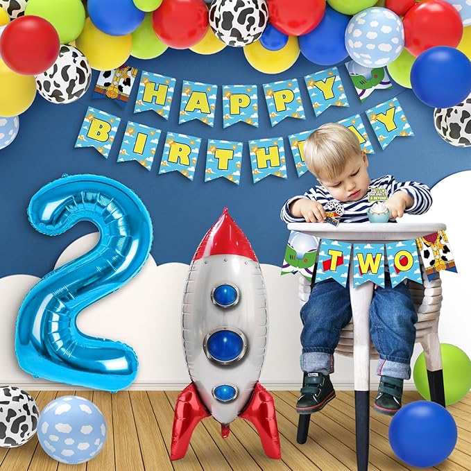 Two Infinity and Beyond Birthday Decorations - 105 Pcs Toy Inspired Story 2nd Birthday Party Supplies Include Banner, Balloons, Backdrop Film, Balloon Cake Topper, Tablecloth