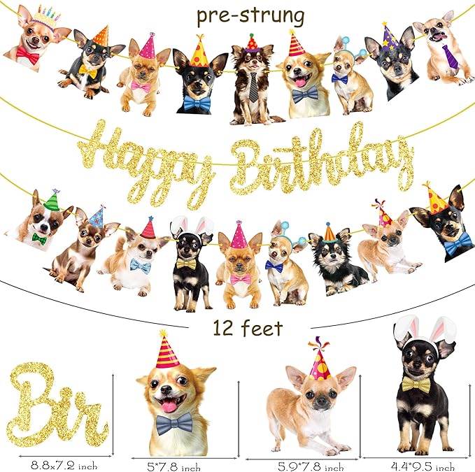 Chihuahua Birthday Party Banners - 3Pcs Dog Themed Decorations for Puppy Dog Party Supplies