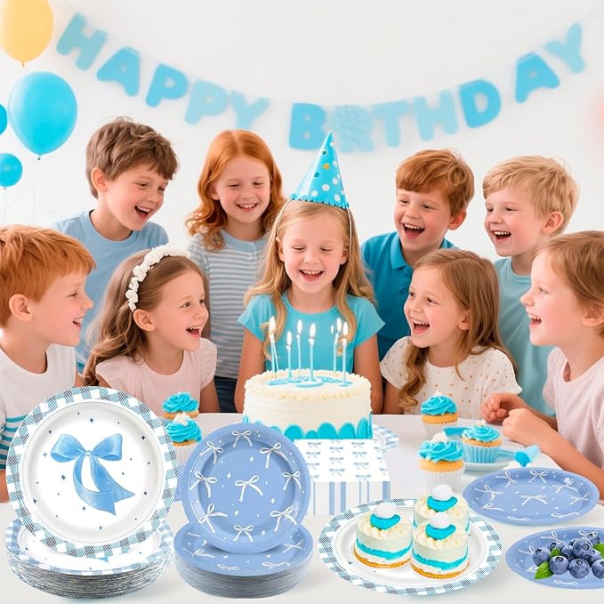 180Pcs Blue Bow Party Supplies Paper Plates and Napkins Serve 60 Disposable Tableware Set for Birthday Party Decorations Game Day Family Holiday Sports Events