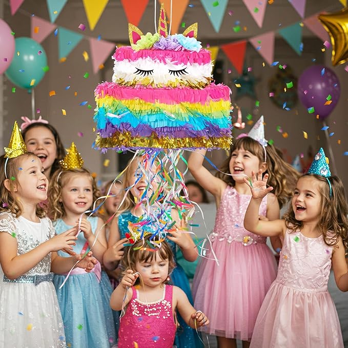 WERNNSAI Unicorn Cake Piñata Foldable - Unicorn Party Decorations Pink Girl Birthday Party Games Princess Piñata with Blindfold Bat and Tassels Happy Birthday Supplies for Kids Girls Classroom Game