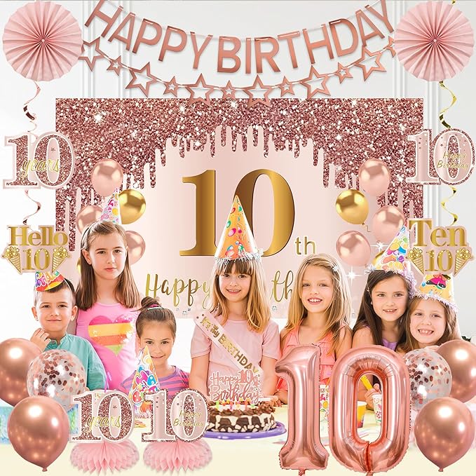 10th Birthday Decorations for Girls, Pink Rose Gold Happy 10 years old Birthday Banner Backdrop Balloons Sash Table Cake Topper Honeycomb Centerpieces Hanging Swirls Paper Fans Party Supplies