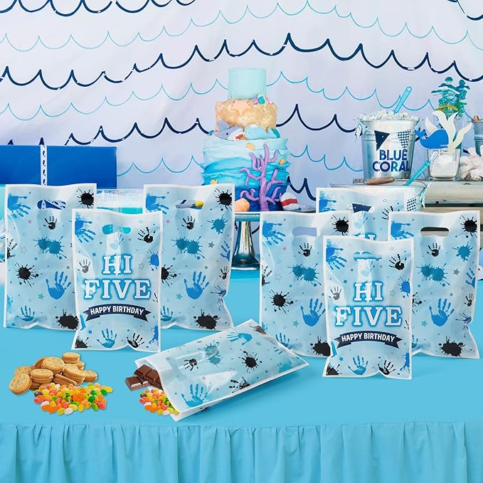 Hi Five Party Favor Bags - 50Pcs Blue High 5 Year Old Goody Candy Treat Gifts Bags 5th Birthday Painting Decorations for Boys Girls Kids Five Years Old Birthday Baby Shower Supplies