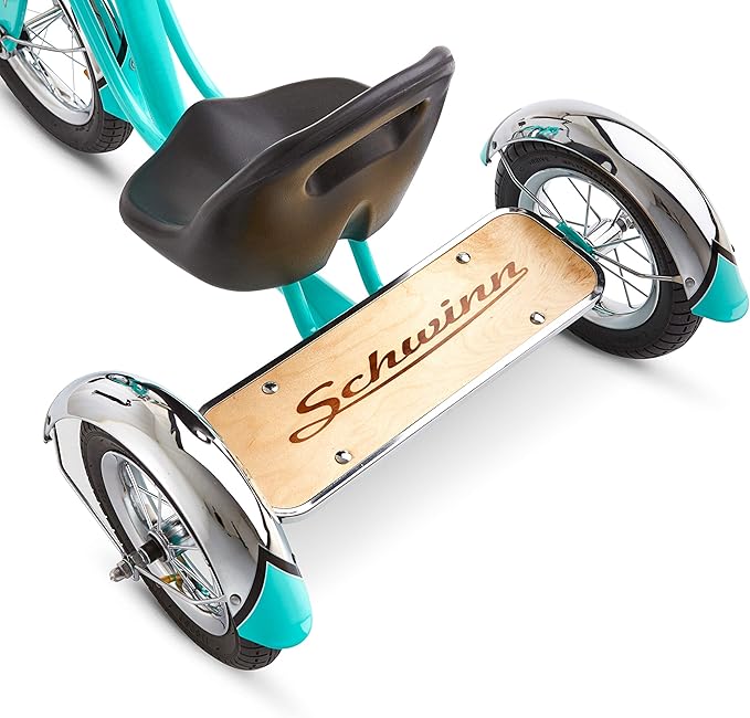 Schwinn Roadster Bike for Toddler, Kids Classic Tricycle, Low Positioned Steel Trike Frame with Bell and Handlebar Tassels, Rear Deck Made of Genuine Wood, for Boys and Girls Ages 2-4 Year Old, Teal