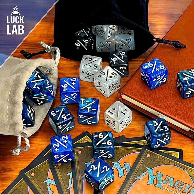 Luck Lab MTG Magic Life Counter Dice, 48 PCS - Compatible w/Magic Card Game Accessories, CCG Creature Stats w/ 2 Dice Bags (Blue Pearl, Blue Swirl, White Pearl, Black Pearl)