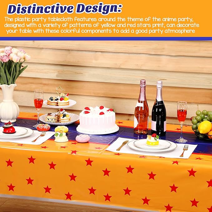 Oudain 3 Pcs Anime Theme Tablecloth 108 x 54 Inches Cartoon Table Covers Yellow Blue and Red Stars Print Table Cloth for Birthday Party Decoration