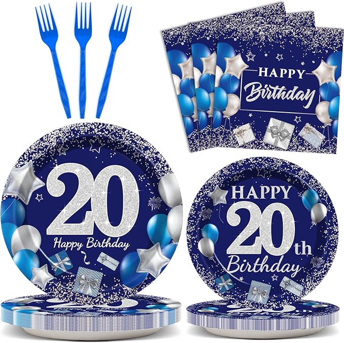 96 Pcs 20th Birthday Party Supplies Navy Blue and Silver Birthday Plates 20th Birthday Paper Tableware Happy Birthday Party Plates and Napkins Forks Blue Birthday Table Decorations for 24 Guests