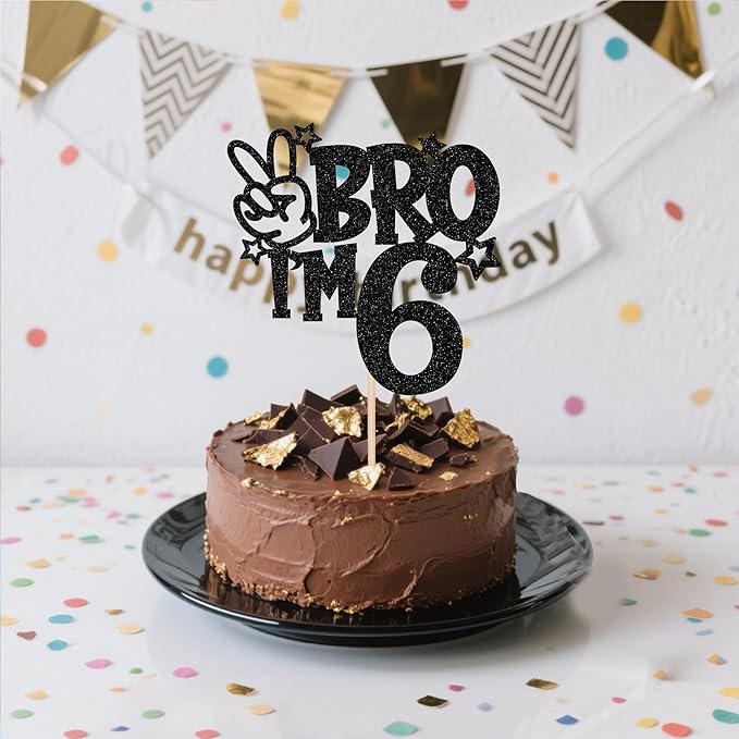 1 PCS Brother I'm 6 Cake Topper Glitter Star Happy 6th Birthday Cake Pick Bro I'm 6 Cake Decoration It's My 6th Birthday Decorations for Boys Cheers to 6 Years Old Birthday Party Supplies Black