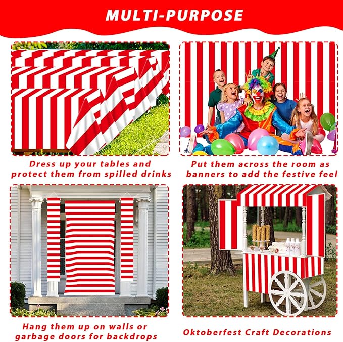 100Ft Long Tablecloth Roll Red and White Striped Tablecloth Carnival Circus Tent Party Supplies Halloween Christmas Plastic Picnic Table Cover for Birthday Party Circus Backdrop Banner Decoration