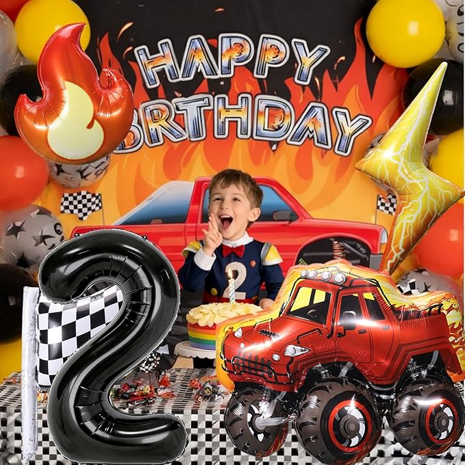 Truck Number 2 Balloons, Huge Truck Flags Lightning Flame Stars Aluminum Foil Balloons for 2nd Birthday, Race Car Theme Party Decorations Supplies
