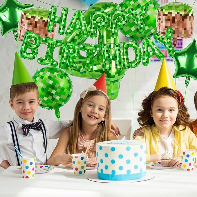 Green Pixel Themed Happy Birthday Banner Party Decorations Set Including 40 Inch Number 4 Foil Balloons, Themed Party Essentials, TNT Pixel Backdrop Supplies for Boys Indoor Outdoor Celebration