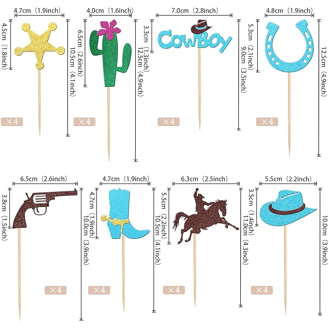32 PCS Cowboy Cupcake Toppers Glitter HorseShoe Cowboy Hats Boots Cactus Gun Cupcake Picks Western Theme Baby Shower Boys Birthday Party Cake Decorations Supplies