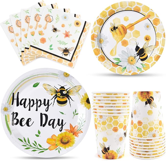 WERNNSAI Bee Birthday Decorations - 64 PCS Bee Plates Napkins and Cups Honeybee Baby Shower Decorations Paper Plates Cups Napkins Dinnerware for Kids Boys Girls Birthday Serves 16 Guests