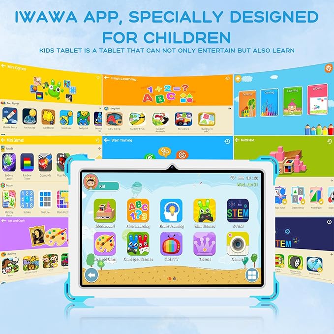 10 Inch Android 15 Kids Tablet, 10GB RAM 64GB ROM Storage, 10000mAh Large Battery, Parental Control, Pre-Installed Educational Apps, Learning Tablet for Kids 3-7（Blue）