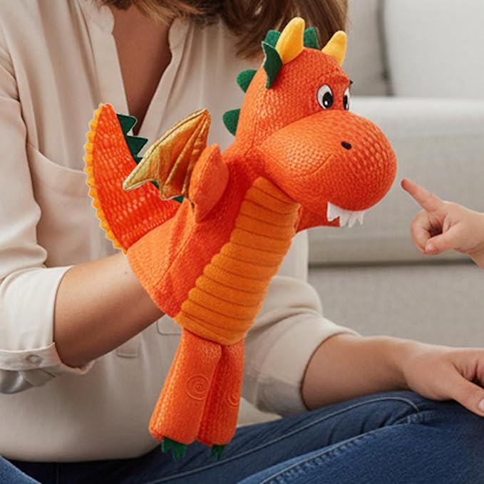 June Garden Plush Dragon Hand Puppet – Orange Fantasy Storytelling Toy with Golden Wings – Pretend Play Adventure for Toddlers and Kids