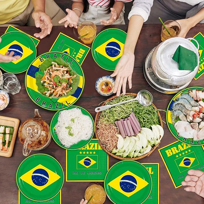 96 Pcs Brazil Flag Birthday Party Supplies Brazil Flag Party Plates and Napkins Disposable Brazilian Flag Tableware Set for Brazil Party Decorations Patriotic Event Birthday Family Gathering Serves 24