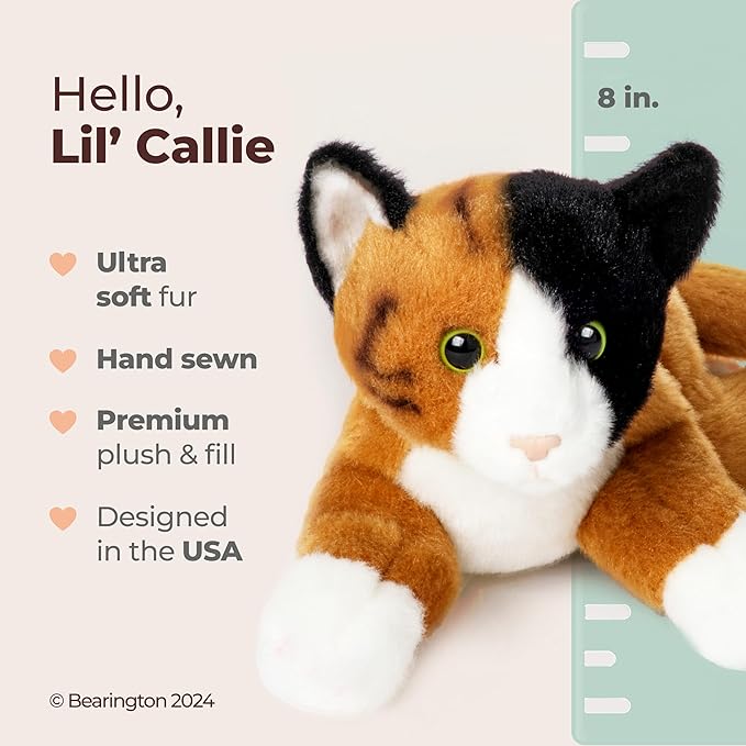 Bearington Lil' Callie Stuffed Animal - 8" Posable Kitty Plush Stuffy with Soft Tricolor Fur and Weighted Inner Bean Bags - Adorable Calico Kitten Plushie Toy and Cuddly Gift for Kids and Cat Lovers