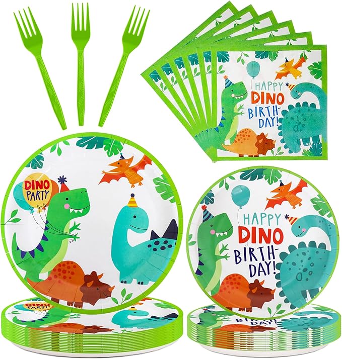 96 Pcs Dinosaur Party Supplies, Dinosaur Theme Birthday Party Decoration Includes Plates Napkins Forks, Dino Tableware Set for Birthday, Serves 24 Guests