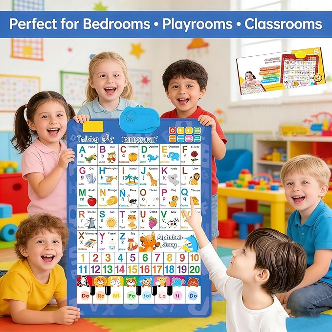 Bilingual Interactive Wall Chart for Kids – English & Spanish ABC Song Poster with Sound Effects, Alphabet, Numbers, Animal Words & Piano for Toddlers 1-6 (Red)