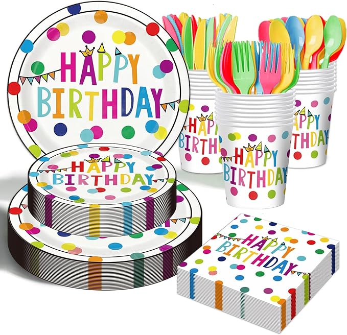 Birthday Plates & Napkins Party supplies - 175Pcs Happy Birthday Paper Plates and Napkins Sets, Disposable Happy Birthday Dots Tableware Set for Boys Girls Party Decorations, Serves 25