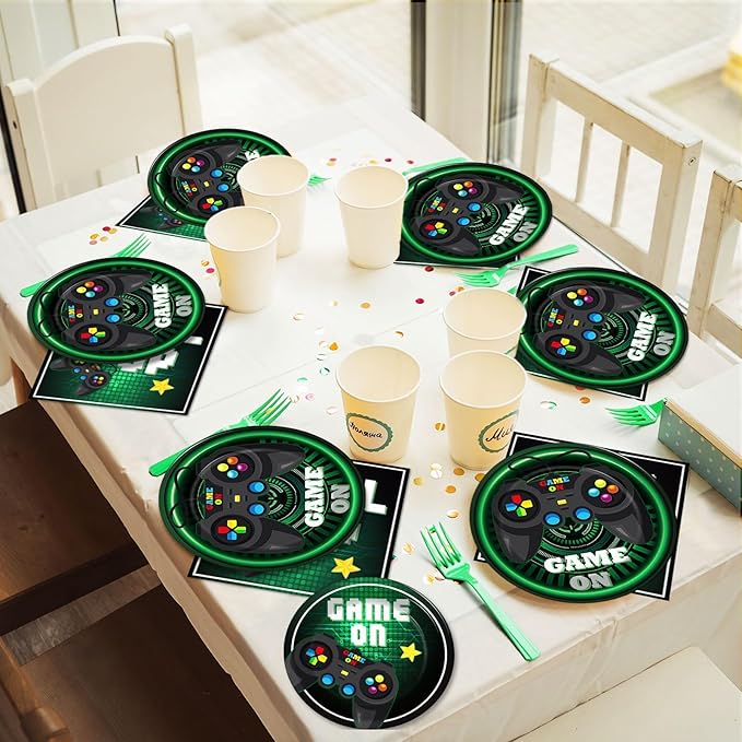 96 Pcs Video Game Plates and Napkins Party Supplies Gaming Party Tableware Set Green Gamer Party Decorations Favors for Kids Birthday Baby Shower Serves 24
