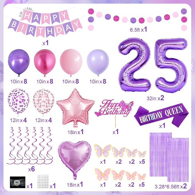 25th Purple Birthday Decorations for Women, Pink and Purple Happy 25 Birthday Party Decorations with Happy Birthday Banner, Number Foil Balloons, Butterfly Cake Topper for 25th Party Supplies