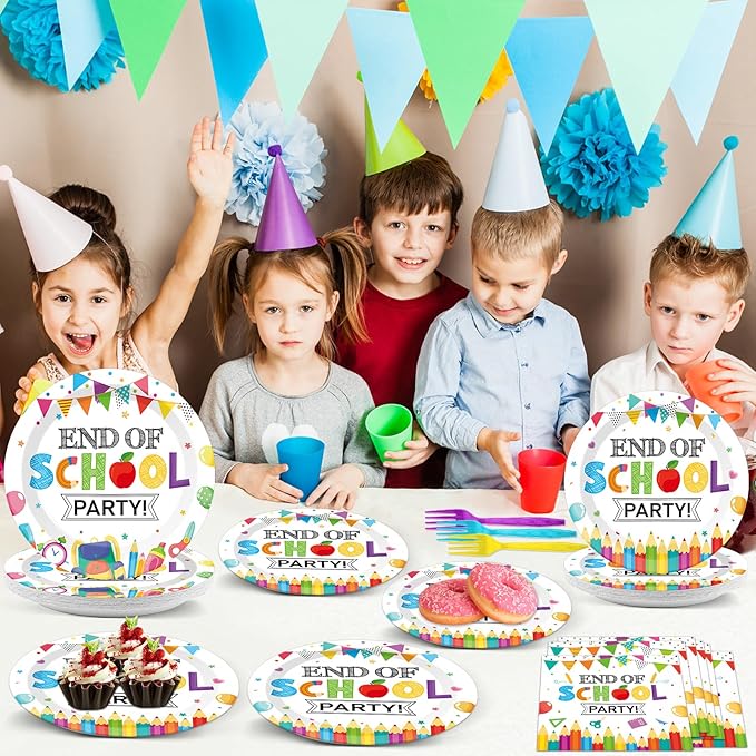 CHUNNIN 96Pcs End of School Party Paper Plates and Napkins Graduation Decorations End of School Graduate Disposable Dinnerware Tableware Set for 24 Guests Classroom Teacher Graduation Party Supplies