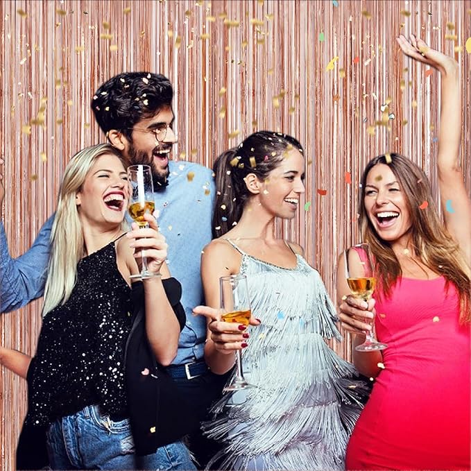 Rose Gold 2 Pack Metallic Tinsel Foil Fringe Curtains, 3.3x8.3 Feet Rose Gold Streamers for Party, Door Streamers Party Decorations, Party Streamers for Birthday Christmas Party Decorations
