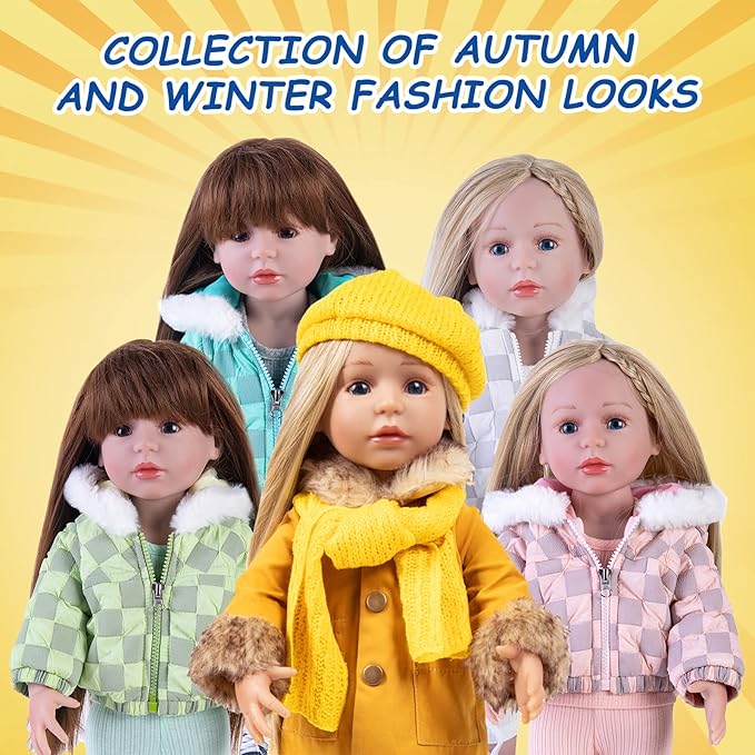 18 Inch Doll Clothes Set 5-PC Fashion Mustard Winter Coat Set Includes Warm Coat, Shirt, Jeans, Yellow Knit Hat & Knit Scarf, Outfits Casual Wear Fits American Girl,Our Generation Dolls
