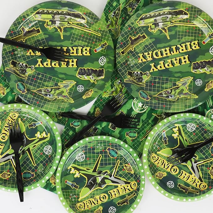 96 Pcs Camo Birthday Plates and Napkins Party Supplies Military Happy Birthday Tableware Set Army Camouflage Party Decorations Favors for Soldier Men for 24 Guests