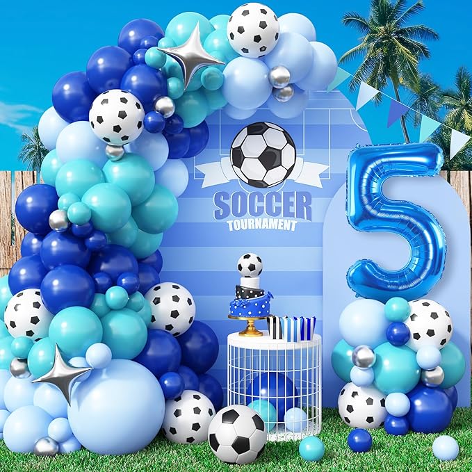 Soccer 5th Birthday Decorations for Boys, Royal Blue Teal Light Blue Balloon Garland Arch Kit with 40 Inch Blue Number 5 Balloon, Soccer 5th Birthday Balloons Arch for Kids Football Theme Club Party