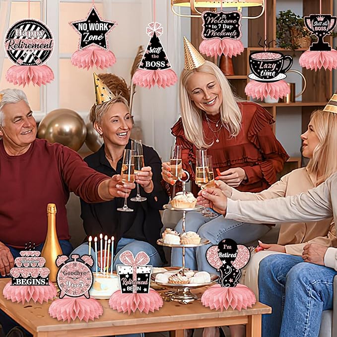 10 Pcs Retirement Party Decorations, Retirement Table Decorations for Women Rose Gold Happy Retirement Decorations Table Honeycomb Centerpieces