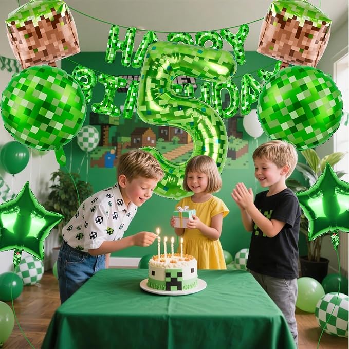 Green Pixel Themed Happy Birthday Banner Party Decorations Set Including 40 Inch Number 5 Foil Balloons, Themed Party Essentials, TNT Pixel Backdrop Supplies for Boys Indoor Outdoor Celebration