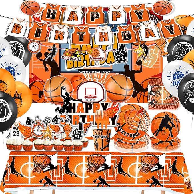 Basketball Party Supplies, Basketball Sports Theme Birthday Party Supplies Tableware Set,Include Basketball Plates and Napkins,Cups,Banner,Tablecloth for Basketball Birthday Decorations (Set C)
