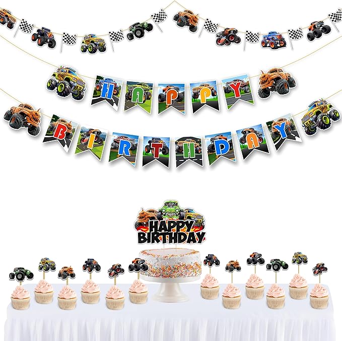 Monster Truk Theme Birthday Party Supplies – Off-Road Racing Party Decorations Set, Big Wheel Adventure Theme Décor for Cake Table, Backdrop & Celebration Setup