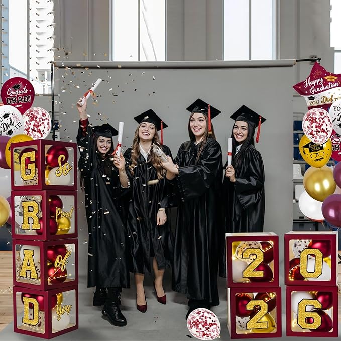 Graduation Decorations Class of 2026 - Maroon and Gold Graduation Decorations - Balloons Boxes with Letters 2026 GRAD So Proud of You, Congrats Grad Party Decorations for Any Grades