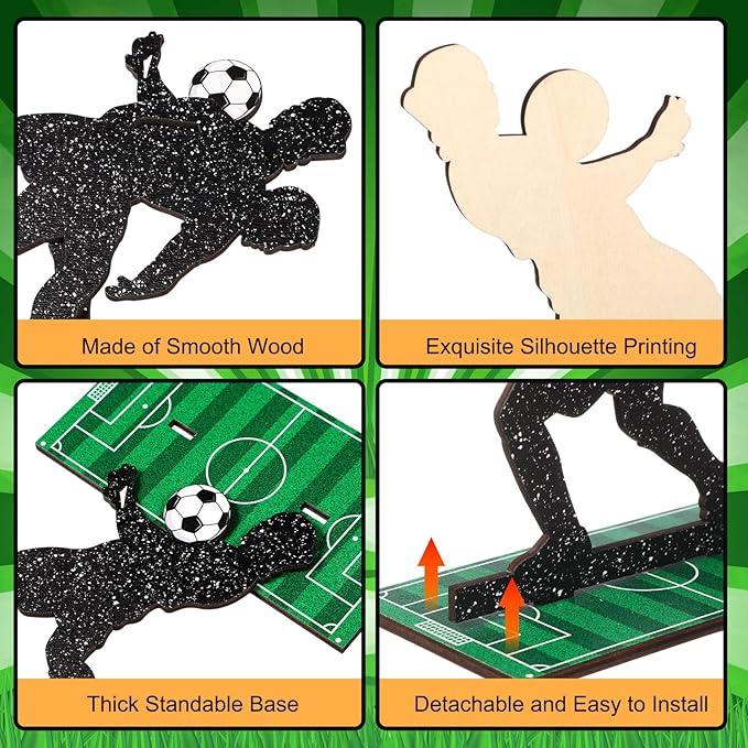 Geetery 7 Pcs Soccer Table Top Decorations Centerpieces Soccer Ball Happy Birthday Wooden Signs Player Silhouette Detachable Gifts for Football Fans Club Sports Theme Party Supplies