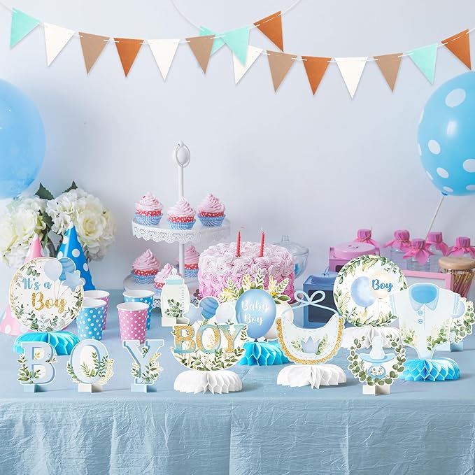 ANGOLIO 12Pcs It's a Boy Baby Shower Honeycomb Centerpieces Watercolor Blue Baby Shower Party Honeycomb Centerpieces Boy Baptism Decorations for Table Gender Reveal Baptism 1th Birthday Party Supplies