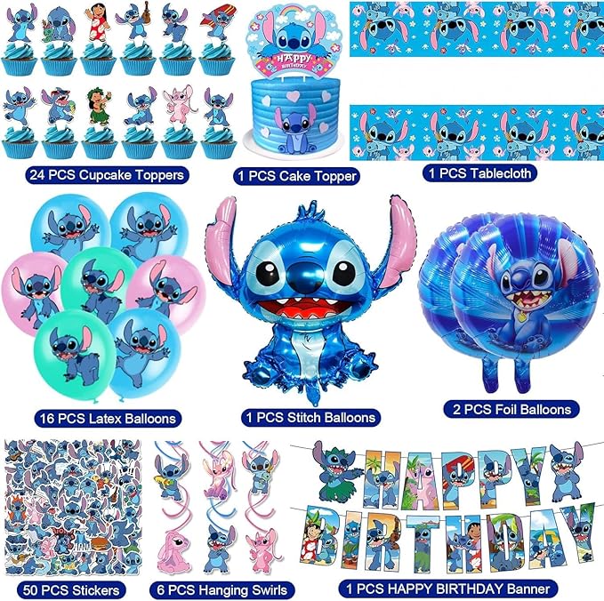 Stitch Party Supplies, 102 PCS Birthday Decorations Set Include Banner, Balloons, Stickers, Hanging Swirls, Cake Cupcake Toppers, Tablecloth for Boys Girls Stitch Theme Party