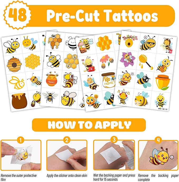 72PCS Bee Party Favors - 48PCS Pre-cut Tattoos & 24PCS Slap Bracelets - Honey Bee Birthday Supplies, Baby Shower Decorations, Classroom Prizes, Gifts for Girls & Kids