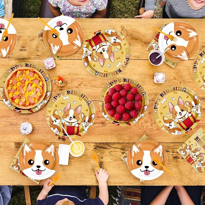 96Pcs Corgi Welsh Dog Birthday Party Decoration Cartoon Puppy Plates and Napkins Cute Corgi Themed Tableware Set for Kids Birthday Baby Shower Pets Dog Gotcha Day Party Supplies, Serves 24