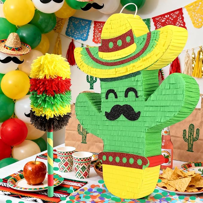 Cactus Pinata for Cinco De Mayo Fiesta Party Decorations, Large 21" Mexican Theme Paper Mache Pinata for Birthday, Taco Bout A Party, Luau Event, Carnival Game Centerpiece with Fillers Support