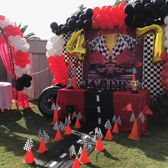 Race Car Birthday Party Decorations - 7inch Orange Race Cones(Holes on Top) with Checkered Flags,12 Traffic Cones, 24 Racing Black and White Flags,Racecar Theme Two Fast Centerpieces Supplies(36PCS)