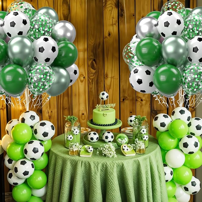 Soccer Balloons, 12 Inch Football Balloon Metallic Green Silver black Confetti Party Latex Ballons for Boy Soccer Birthday Sport Decorations Baby Shower Graduation Party Supplies