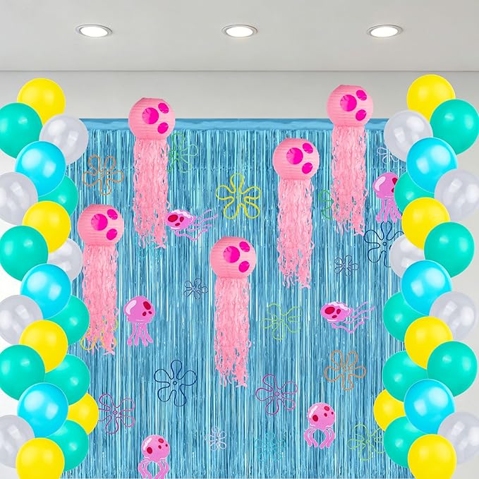 Yellow Cartoon Party Decorations Jellyfish Flowers Hanging Swirls Cartoon Ocean Theme Hanging Decor Under the Sea Party Decorations Photo Props Background for Birthday Party Supplies