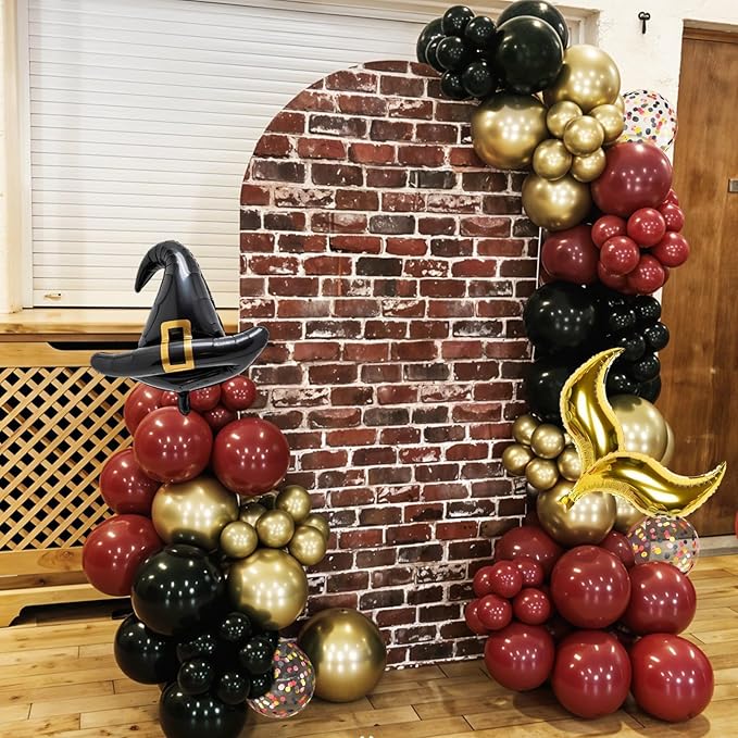 Black Burgundy Balloons, 12 Inch Maroon Black Gold Confetti Balloons with DIY Hat and Gold S-shaped Foil Balloon for Boy Girl Birthday Party Graduation Baby Shower Decorations