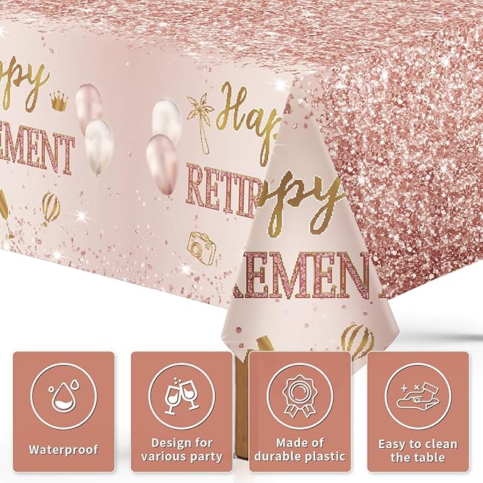 Grencian 3Pcs Rose Gold Retirement Tablecloth Pink Happy Retirement Table Cover Plastic Rectangle Women Happy Retired Table Cloth for Men Women Say Goodbye Going Away Party Supplies 54" x 108"